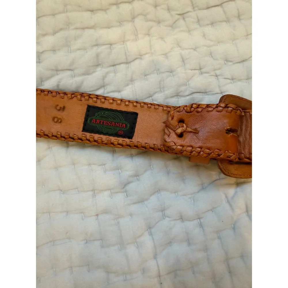 Artesania Leather Belt Woven Colorful Textile Whipstitch Boho Tan Size 38